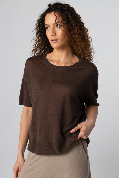 Dark Brown Sweater Round Neck Short Sleeves in Linen - MAJESTIC FILATURES