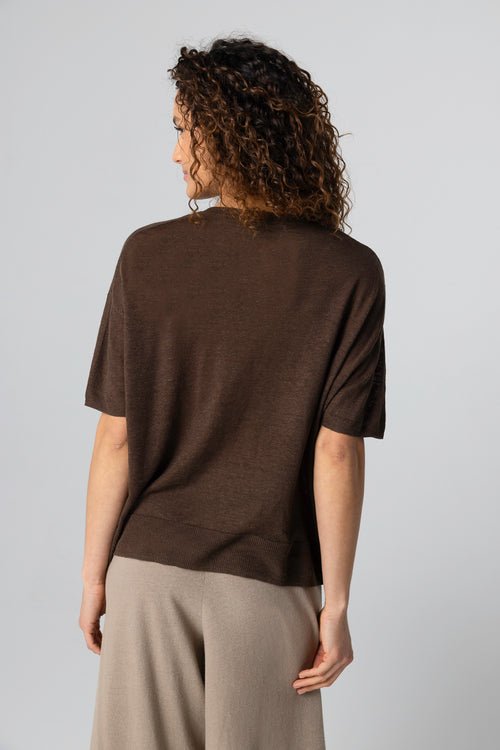 Dark Brown Sweater Round Neck Short Sleeves in Linen - MAJESTIC FILATURES