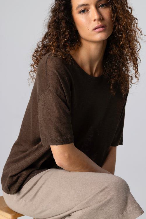 Dark Brown Sweater Round Neck Short Sleeves in Linen - MAJESTIC FILATURES