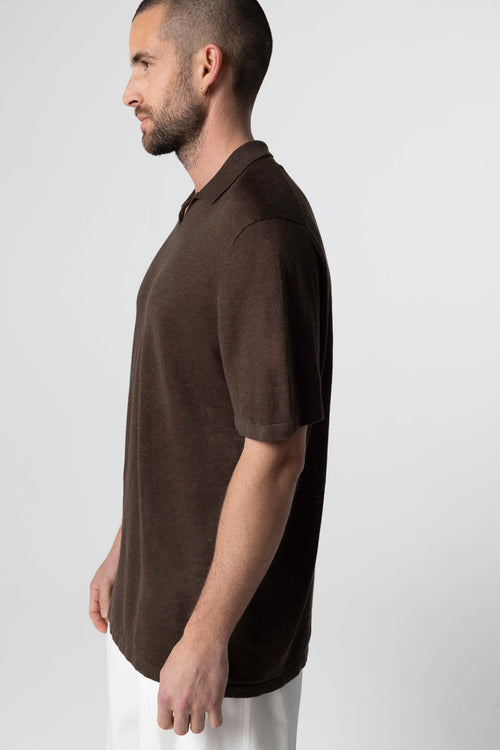 Dark Brown Polo Short Sleeves in Linen - MAJESTIC FILATURES