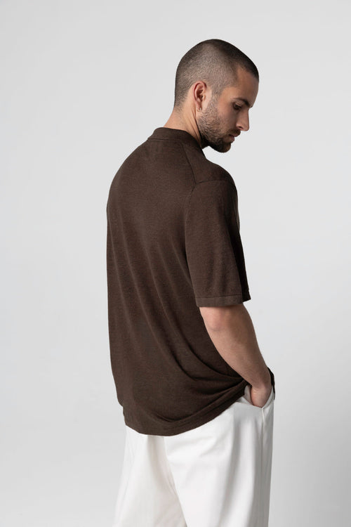 Dark Brown Polo Short Sleeves in Linen - MAJESTIC FILATURES