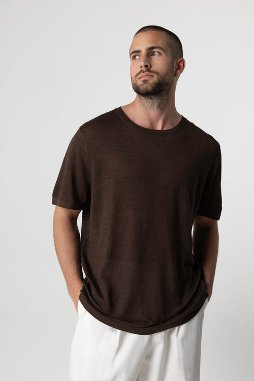 Dark Brown Round Neck Short Sleeve Linen T-Shirt - MAJESTIC FILATURES
