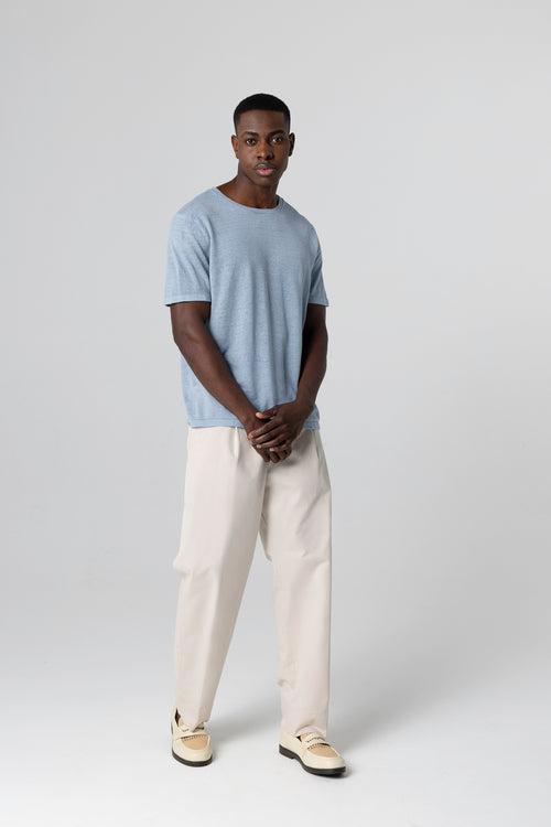 Blue Calanques round neck sweater with short sleeves in linen - MAJESTIC FILATURES