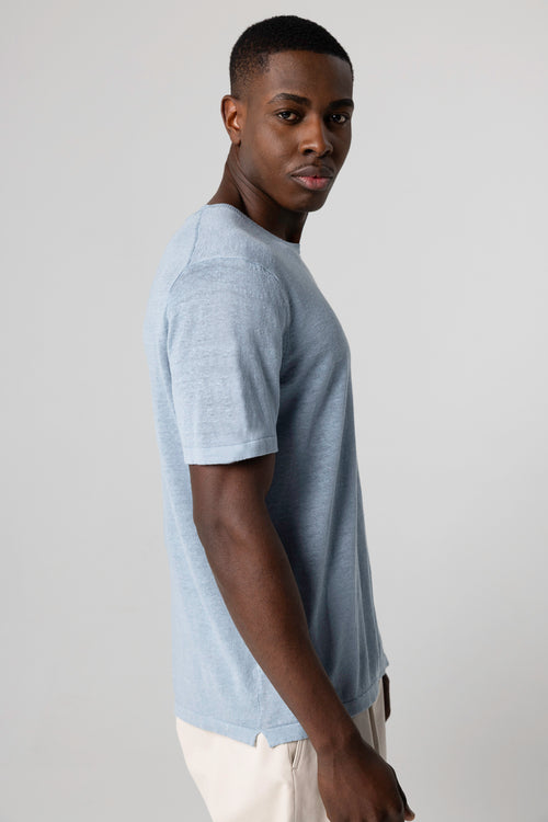 Blue Calanques round neck sweater with short sleeves in linen - MAJESTIC FILATURES
