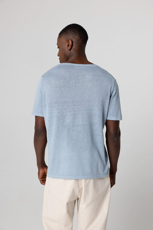 Blue Calanques round neck sweater with short sleeves in linen - MAJESTIC FILATURES
