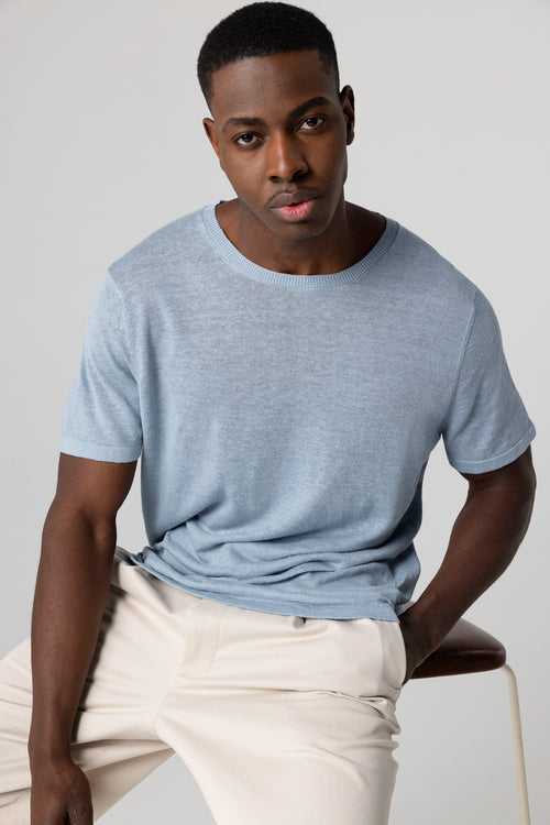 Blue Calanques round neck sweater with short sleeves in linen - MAJESTIC FILATURES