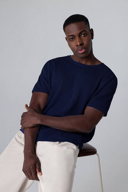 Jersey azul de cuello redondo y manga corta de lino - MAJESTIC FILATURES