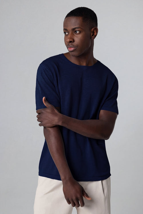 Jersey azul de cuello redondo y manga corta de lino - MAJESTIC FILATURES