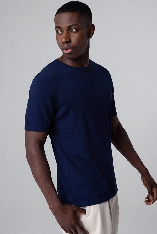 Jersey azul de cuello redondo y manga corta de lino - MAJESTIC FILATURES