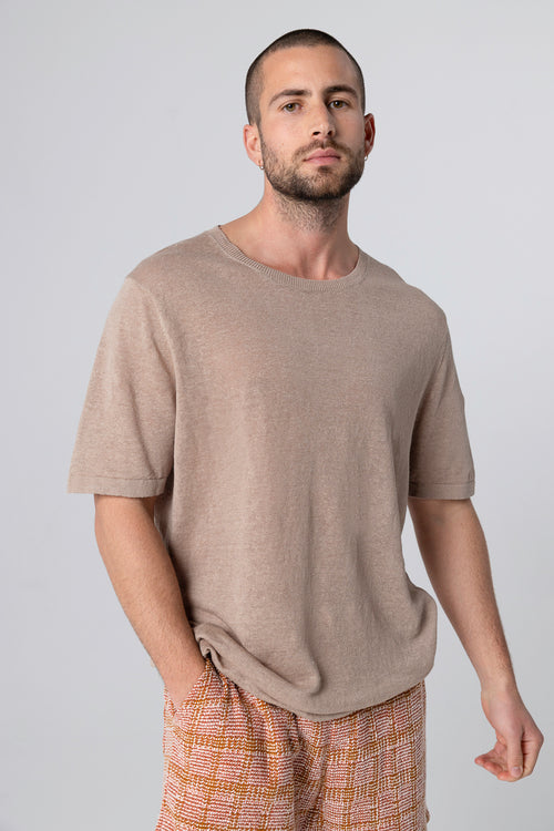 Desert sweater with round neck and short sleeves in linen - MAJESTIC FILATURES