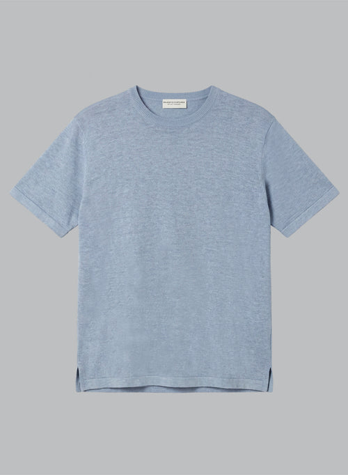 Pullover mit Rundhalsausschnitt und kurzen Ärmeln aus Leinen in Blau Calanques - MAJESTIC FILATURES