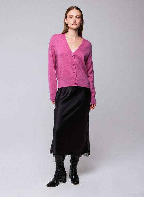 Pink V-neck cardigan with long sleeves in wool / silk / cashmere - MAJESTIC FILATURES