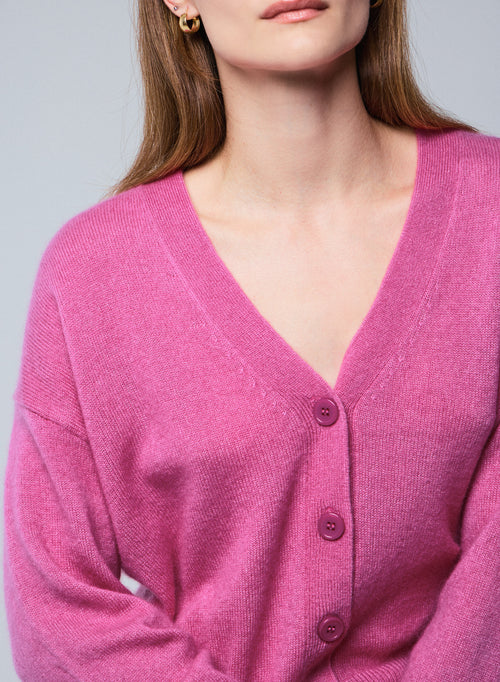 Pink V-neck cardigan with long sleeves in wool / silk / cashmere - MAJESTIC FILATURES