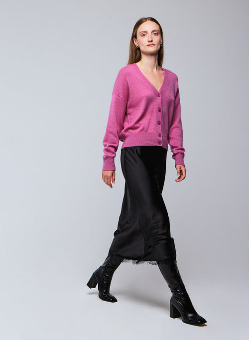Pink V-neck cardigan with long sleeves in wool / silk / cashmere - MAJESTIC FILATURES