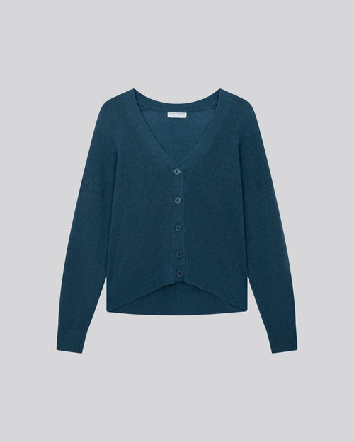 Cárdigan azul con cuello de pico y manga larga de lana / seda / cachemir - MAJESTIC FILATURES