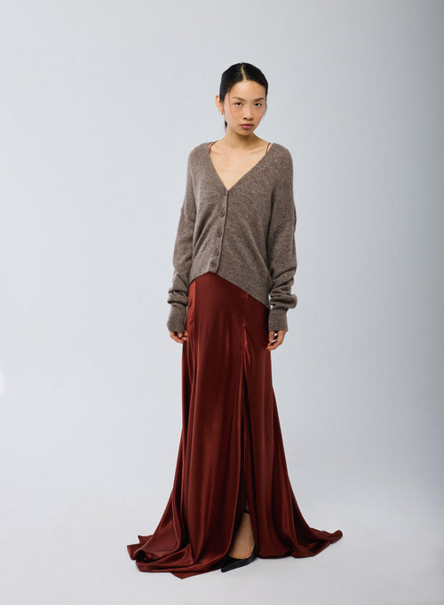 Beige V-Neck Long Sleeve Cardigan in Wool / Silk / Cashmere - MAJESTIC FILATURES