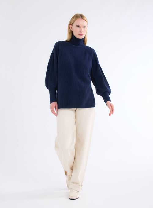 Navy Turtleneck Sweater Long Raglan Sleeves - MAJESTIC FILATURES