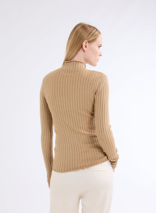 Golden Ribbed Lurex Long Sleeve Stand-Up Collar Cotton and Viscose Sweater - MAJESTIC FILATURES