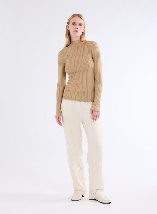 Golden Ribbed Lurex Long Sleeve Stand-Up Collar Cotton and Viscose Sweater - MAJESTIC FILATURES