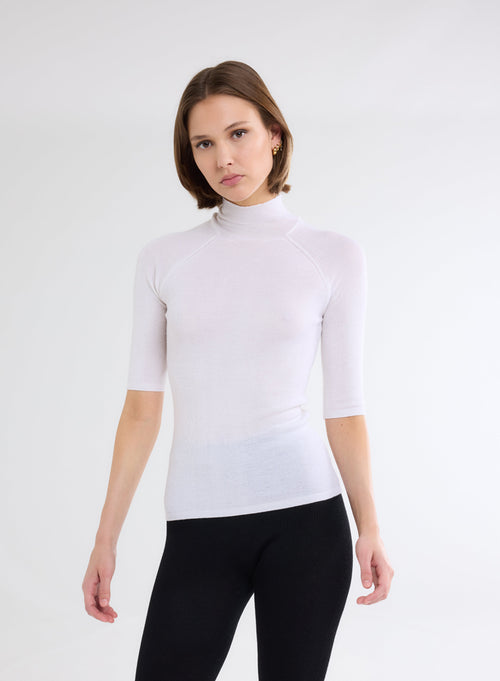 Pull Blanc Col Montant Manches Coudes - MAJESTIC FILATURES