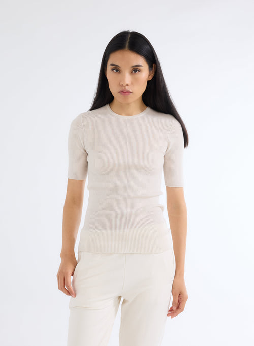 White Crew Neck Elbow Sleeve Sweater - MAJESTIC FILATURES