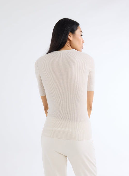 White Crew Neck Elbow Sleeve Sweater - MAJESTIC FILATURES