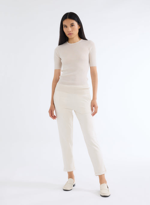 White Crew Neck Elbow Sleeve Sweater - MAJESTIC FILATURES