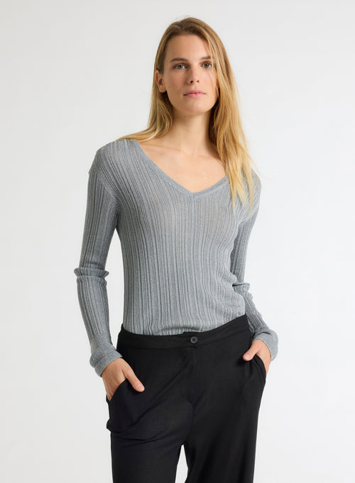 Grey V-neck sweater Long sleeves - MAJESTIC FILATURES