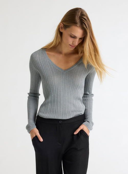 Grey V-neck sweater Long sleeves - MAJESTIC FILATURES