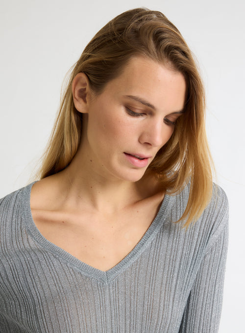 Pullover grau V-Ausschnitt Langarm - MAJESTIC FILATURES