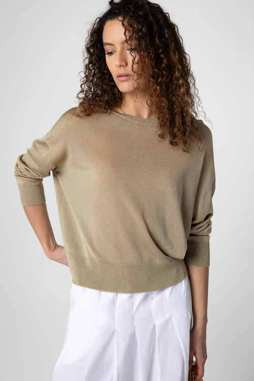 Gold Round-Neck Long-Sleeve Sweater in Acetate / Metallic Fiber / Polyamide - MAJESTIC FILATURES