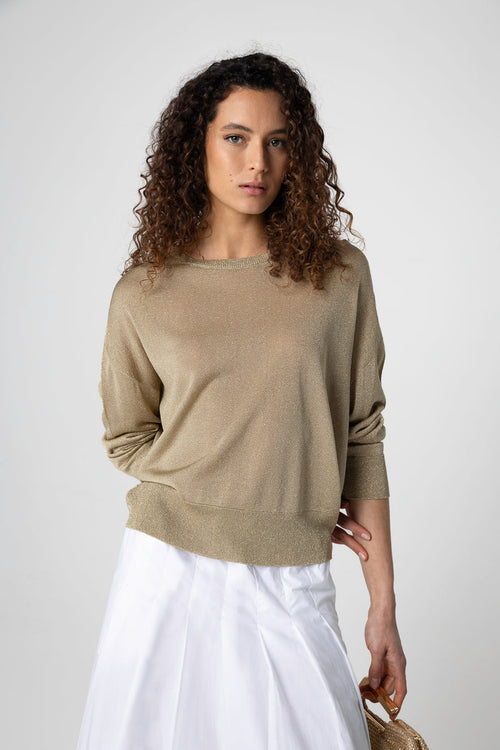 Gold Round-Neck Long-Sleeve Sweater in Acetate / Metallic Fiber / Polyamide - MAJESTIC FILATURES