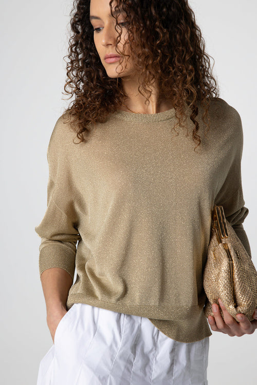 Gold Round-Neck Long-Sleeve Sweater in Acetate / Metallic Fiber / Polyamide - MAJESTIC FILATURES