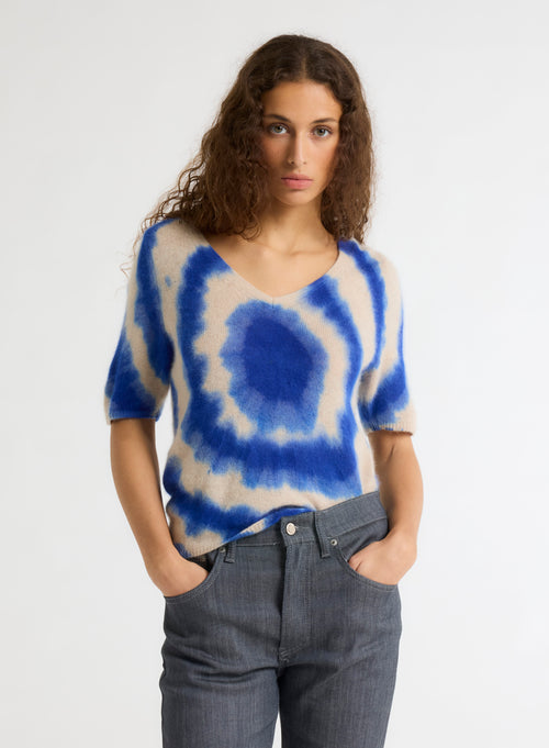 T-shirt Bleu Col V Manches Courtes - MAJESTIC FILATURES