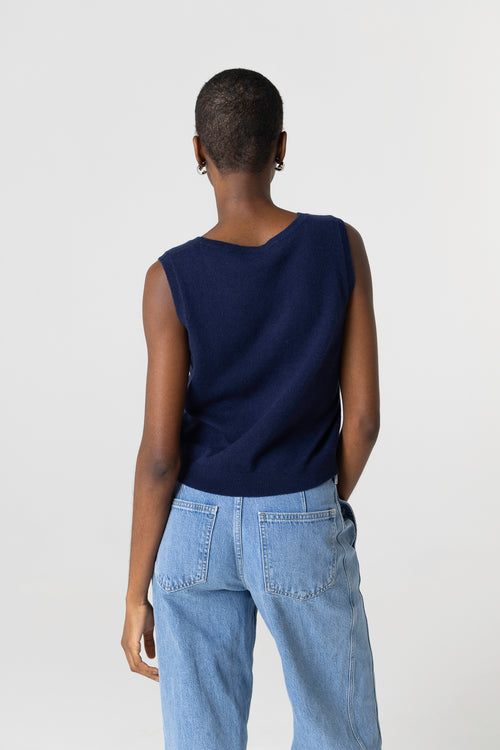 Débardeur Marine Col Rond Sans Manches en Cachemire - MAJESTIC FILATURES