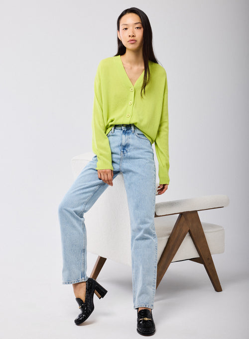 Gelbe Kaschmir-Strickjacke mit V-Ausschnitt und langen Ärmeln - MAJESTIC FILATURES