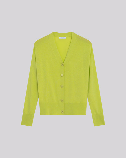 Gelbe Kaschmir-Strickjacke mit V-Ausschnitt und langen Ärmeln - MAJESTIC FILATURES