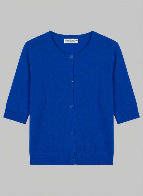 Gilet Bleu Col Rond Manches Coudes en Cachemire - MAJESTIC FILATURES