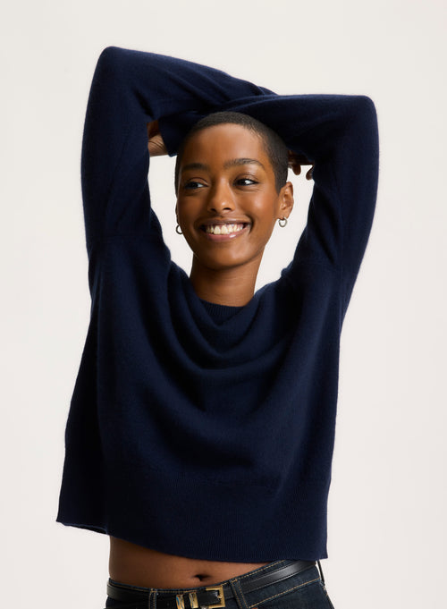 Navy Long Sleeve Crew Neck Sweater - MAJESTIC FILATURES