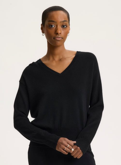 Black V-neck Long Sleeve Sweater - MAJESTIC FILATURES