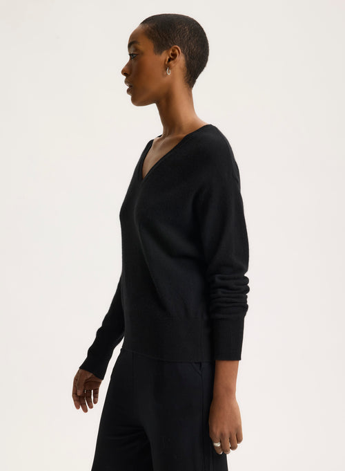 Black V-neck Long Sleeve Sweater - MAJESTIC FILATURES