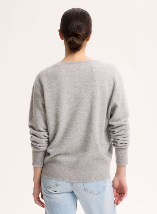 Pull Gris Col V Manches Longues en Cachemire - MAJESTIC FILATURES