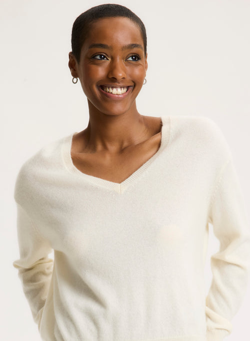 White V-neck Long-sleeved sweater - MAJESTIC FILATURES