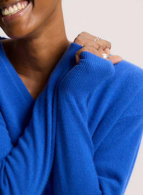 Blue V-neck Long Sleeve Sweater - MAJESTIC FILATURES