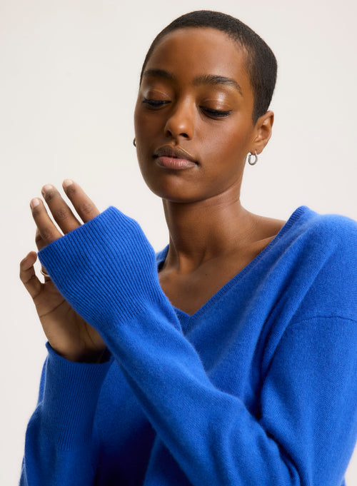 Blue V-neck Long Sleeve Sweater - MAJESTIC FILATURES