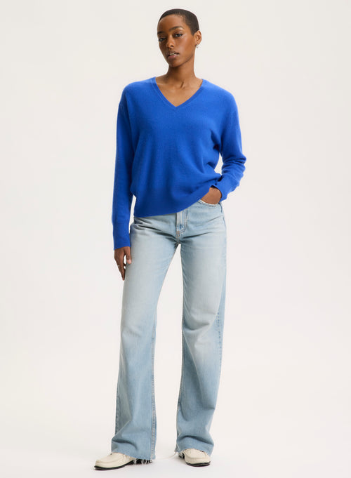 Blue V-neck Long Sleeve Sweater - MAJESTIC FILATURES