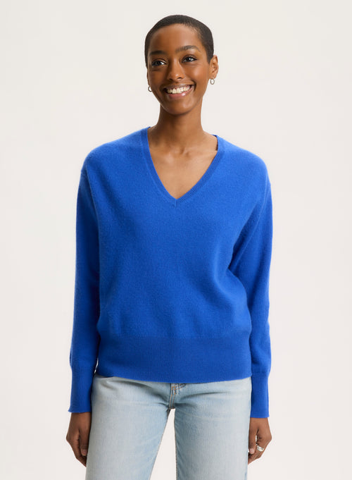 Blue V-neck Long Sleeve Sweater - MAJESTIC FILATURES