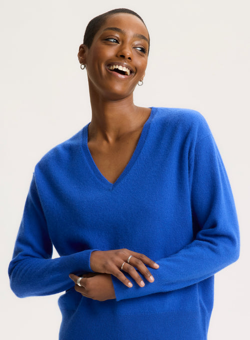 Blue V-neck Long Sleeve Sweater - MAJESTIC FILATURES