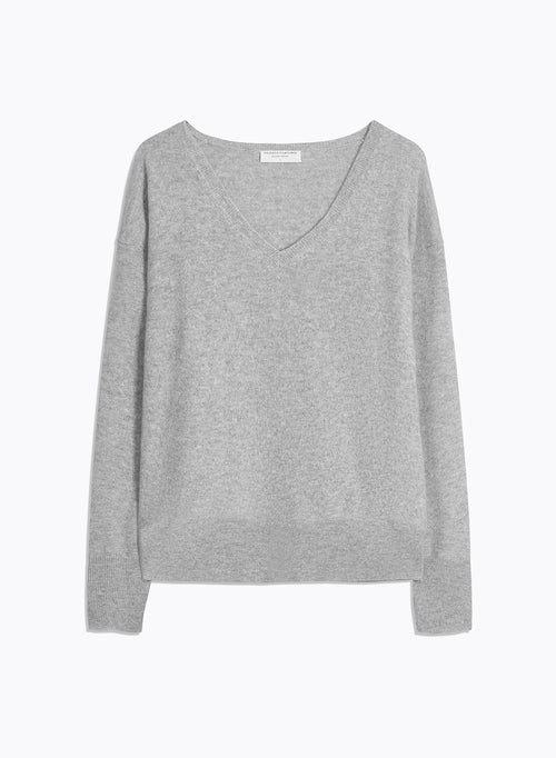 Pull Gris Col V Manches Longues en Cachemire - MAJESTIC FILATURES