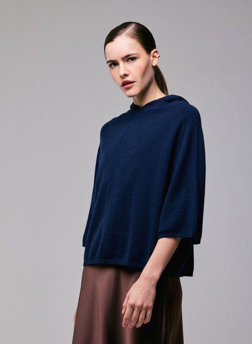 Marineblauer langärmeliger Kaschmirpullover mit Kapuze - MAJESTIC FILATURES